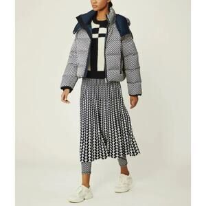 Tory Burch Sport Tech Jacquard Knit Pleated T Logo Midi Skirt Navy White M $328